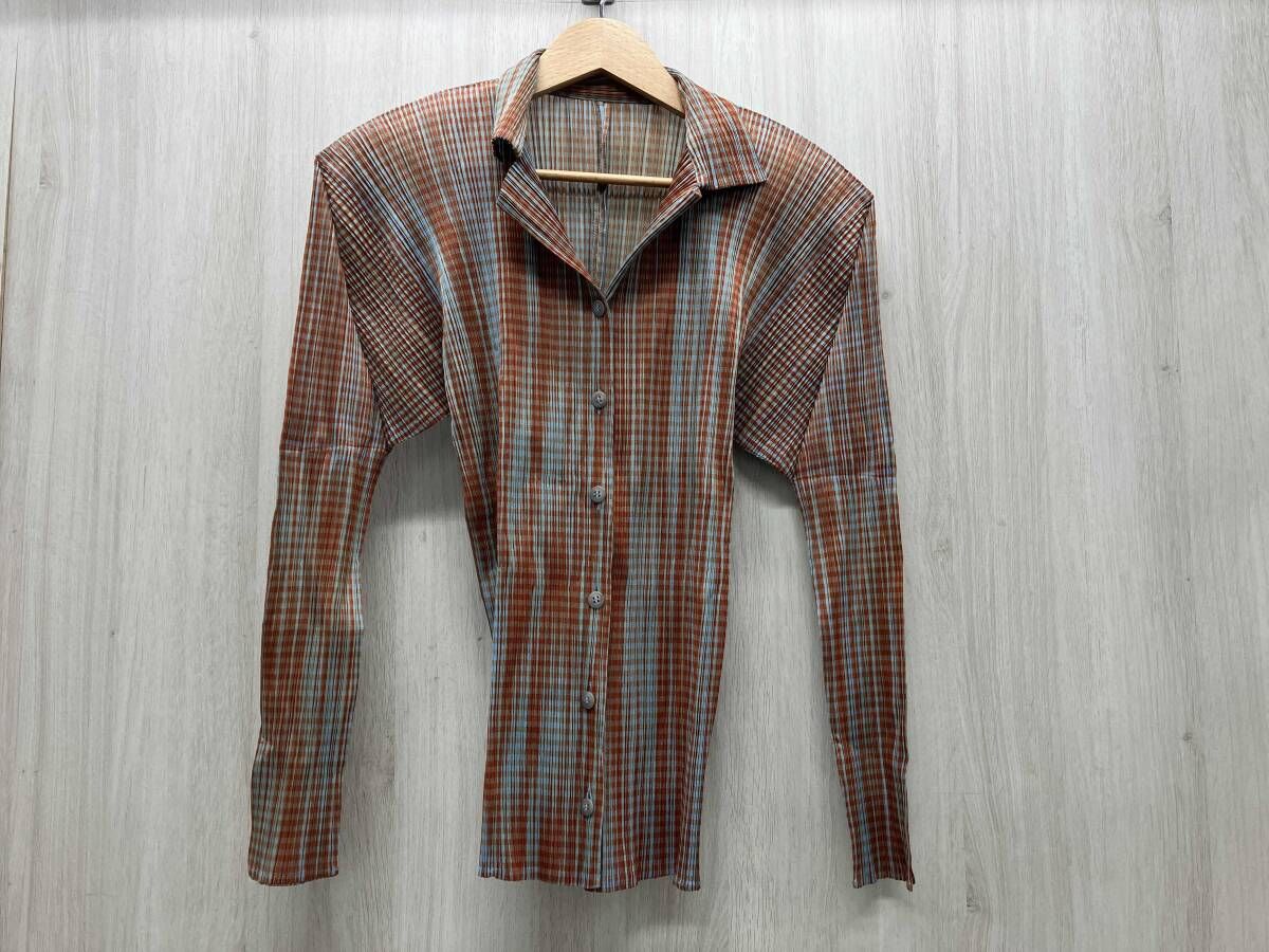PLEATS PLEASE PP 72 JK 424 チェック 長袖シャツ ブラウス 表記サイズ3 ブラウン系