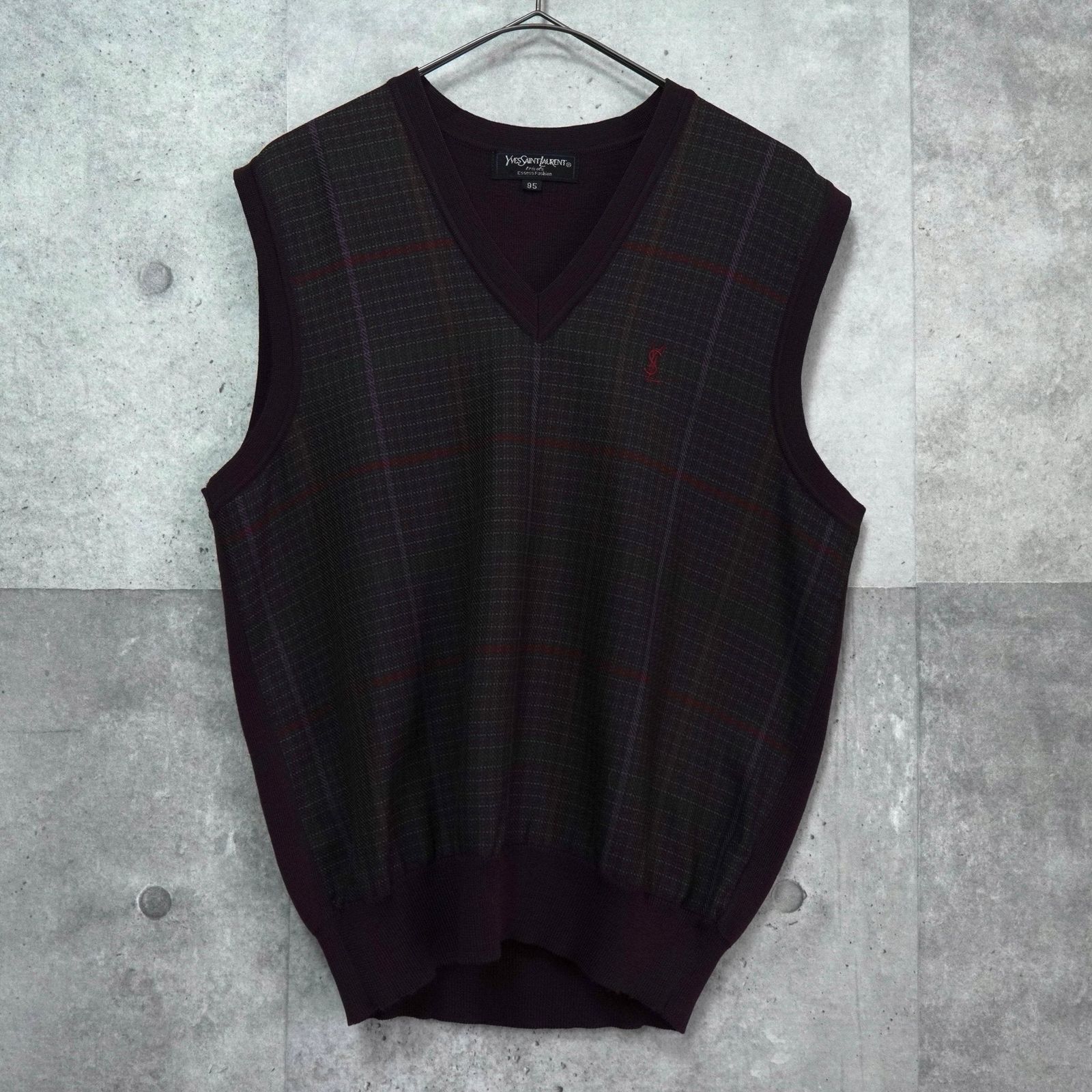 Yves Saint Laurent チェック柄ベスト イヴ 割引 サンローラン ヴィンテージ YSLロゴ Vネック チェック柄