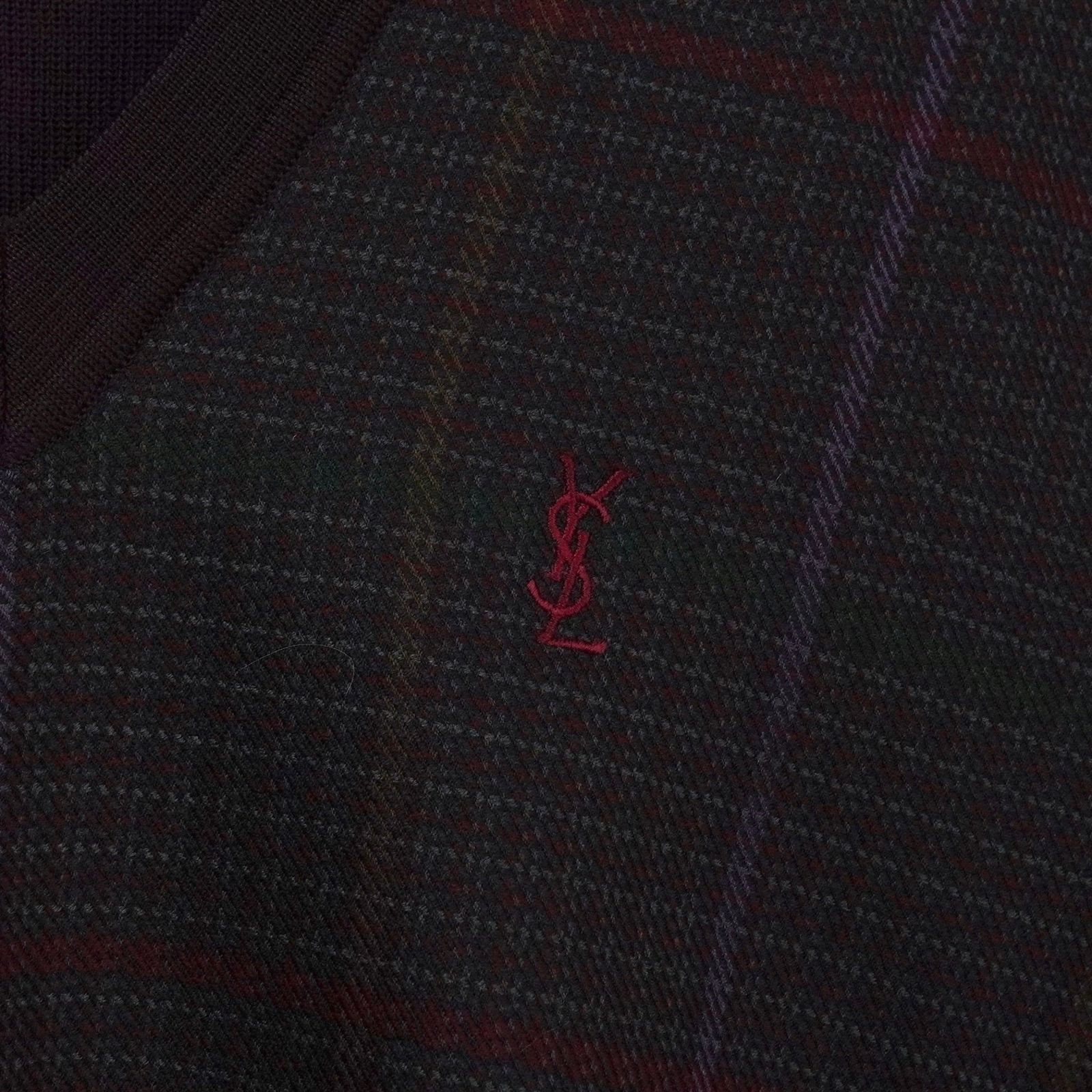 イヴ サンローラン ヴィンテージ YSLロゴ Vネック チェック柄 ニット