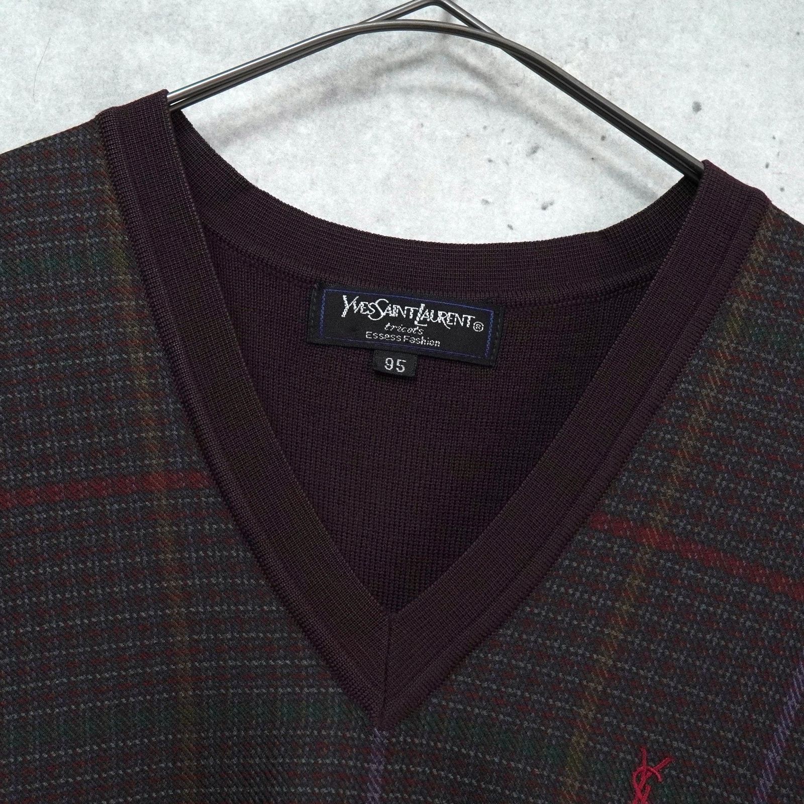 YVES SAINT LAURENT イヴサンローラン ヴィンテージ Vネック イヴ サンローラン ヴィンテージ YSLロゴ Vネック チェック柄 ニット