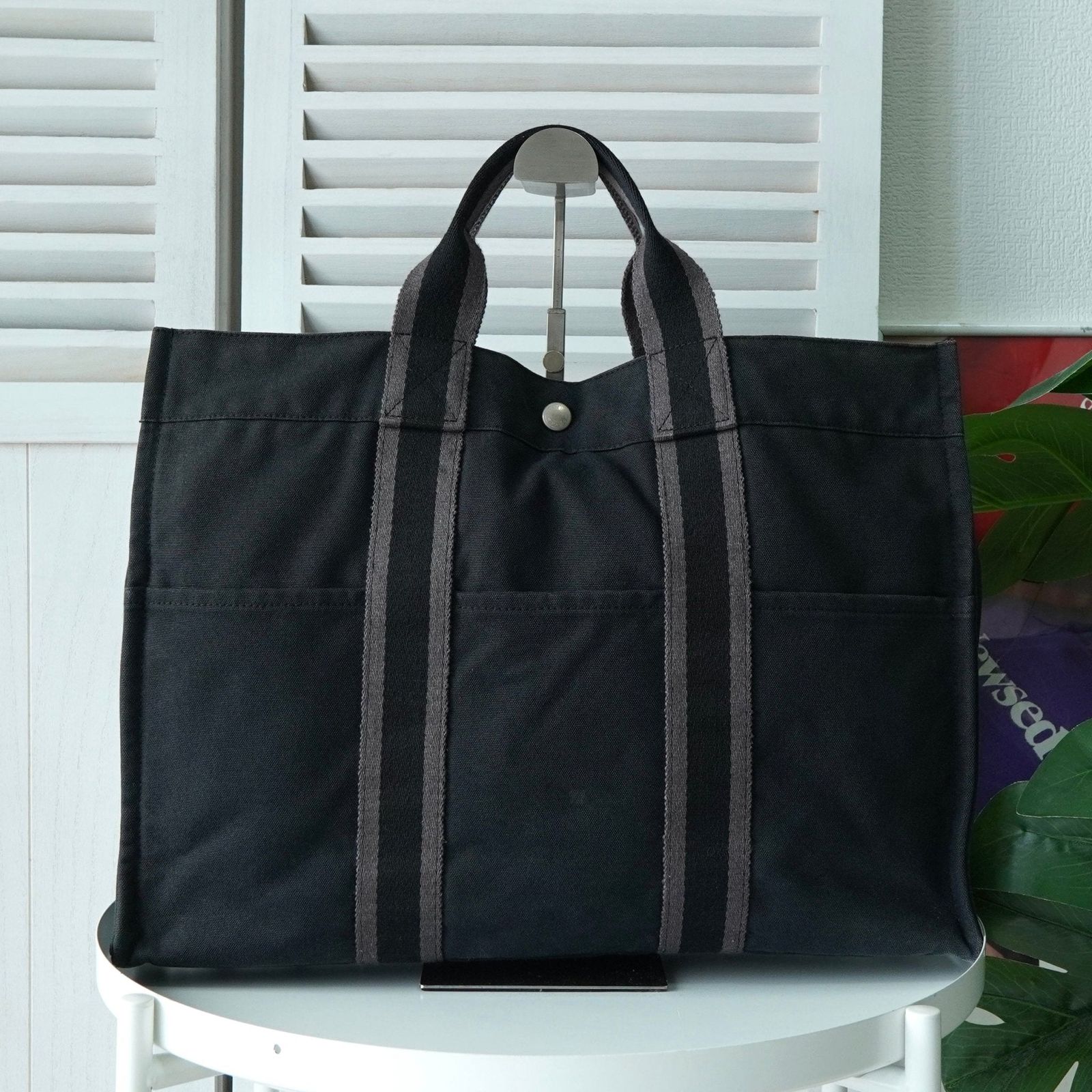 エルメス フールトゥMM キャンバス ハンドバッグ ブラック / グレー