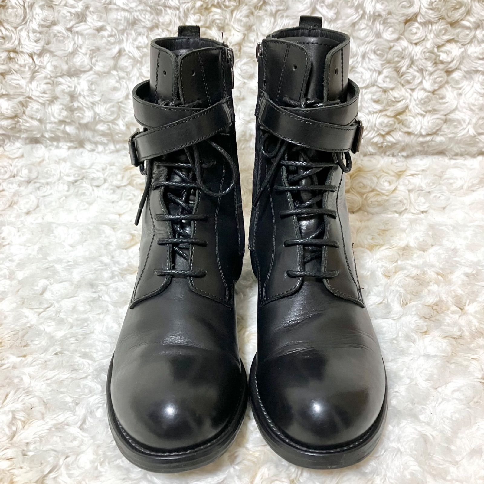 OFFICINE CREATIVE レースアップブーツ ミドル丈 レザー ブラック イタリア製 サイドジップ付き 編み上げ シューレース