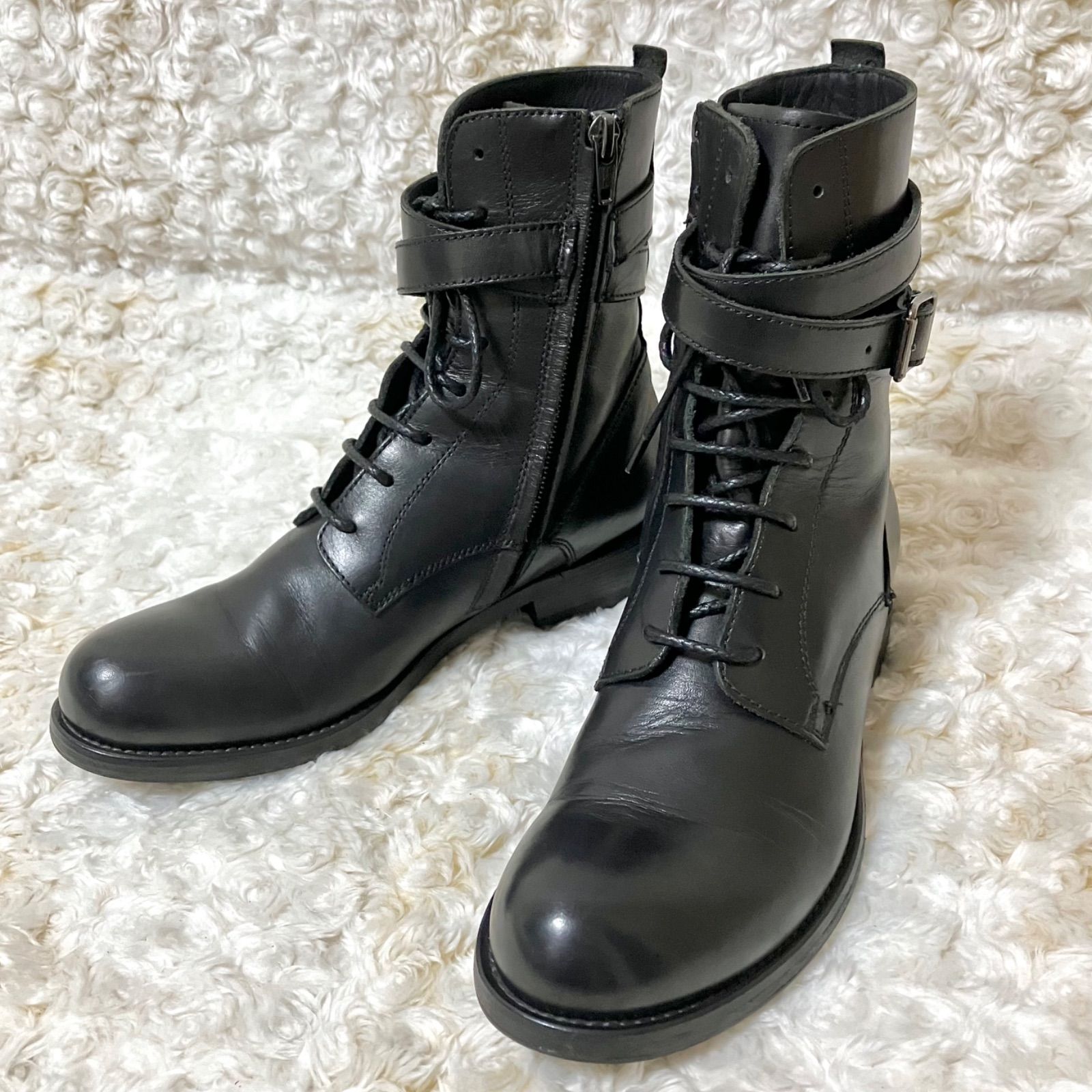 OFFICINE CREATIVE レースアップブーツ ミドル丈 レザー ブラック イタリア製 サイドジップ付き 編み上げ シューレース