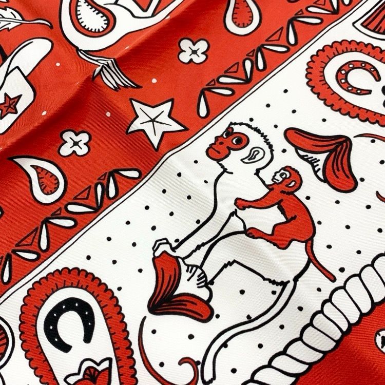 HERMES エルメス シルク バンダナ カレ55 BANDANA ANIMAUX レッド