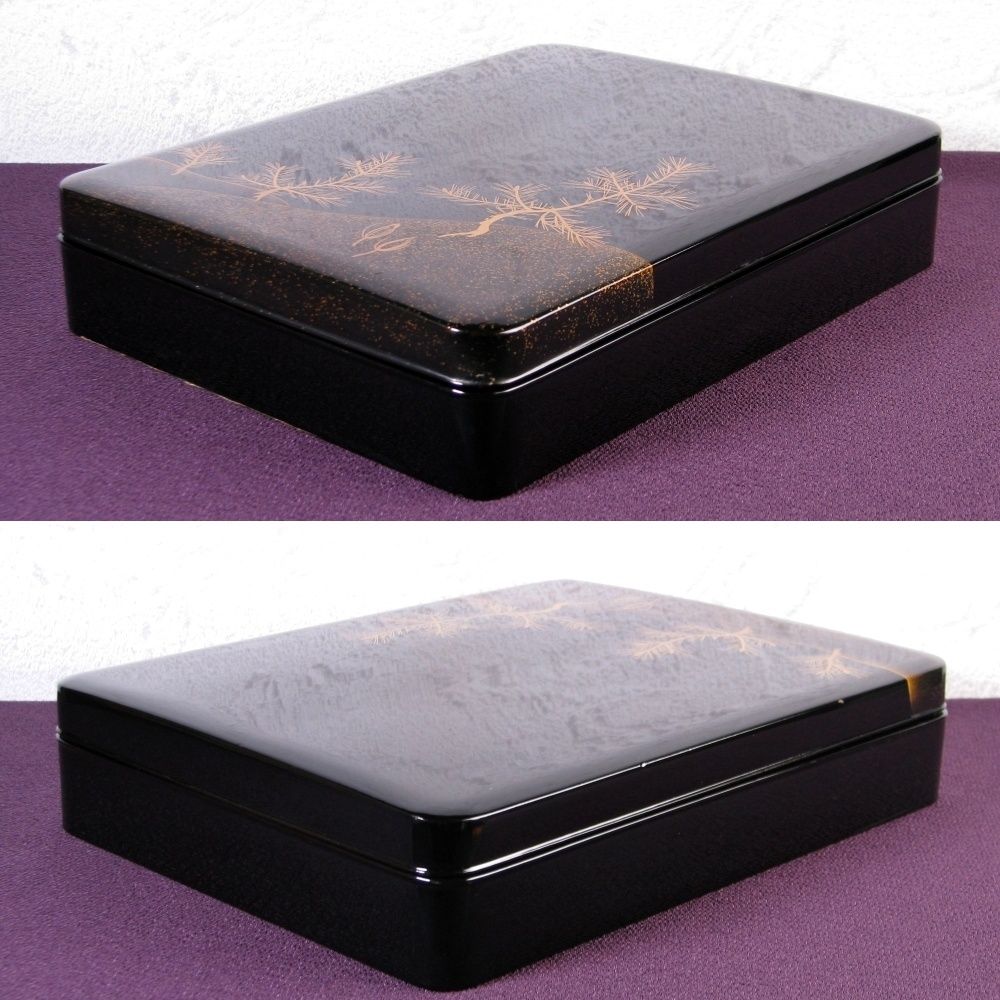 時代 平安美楽堂造 硯箱 内底梨地 若松蒔絵 幅：26cm 共箱/25k034