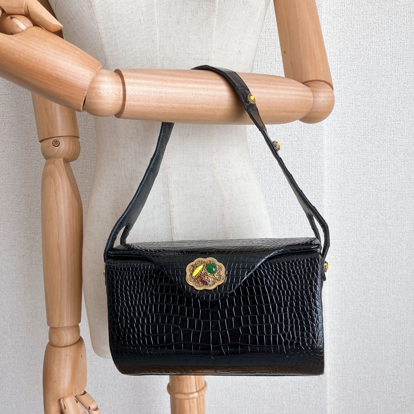 濱野 ハマノ サン・ピエトロ ブラック 黒 クロコダイル型押し バッグ