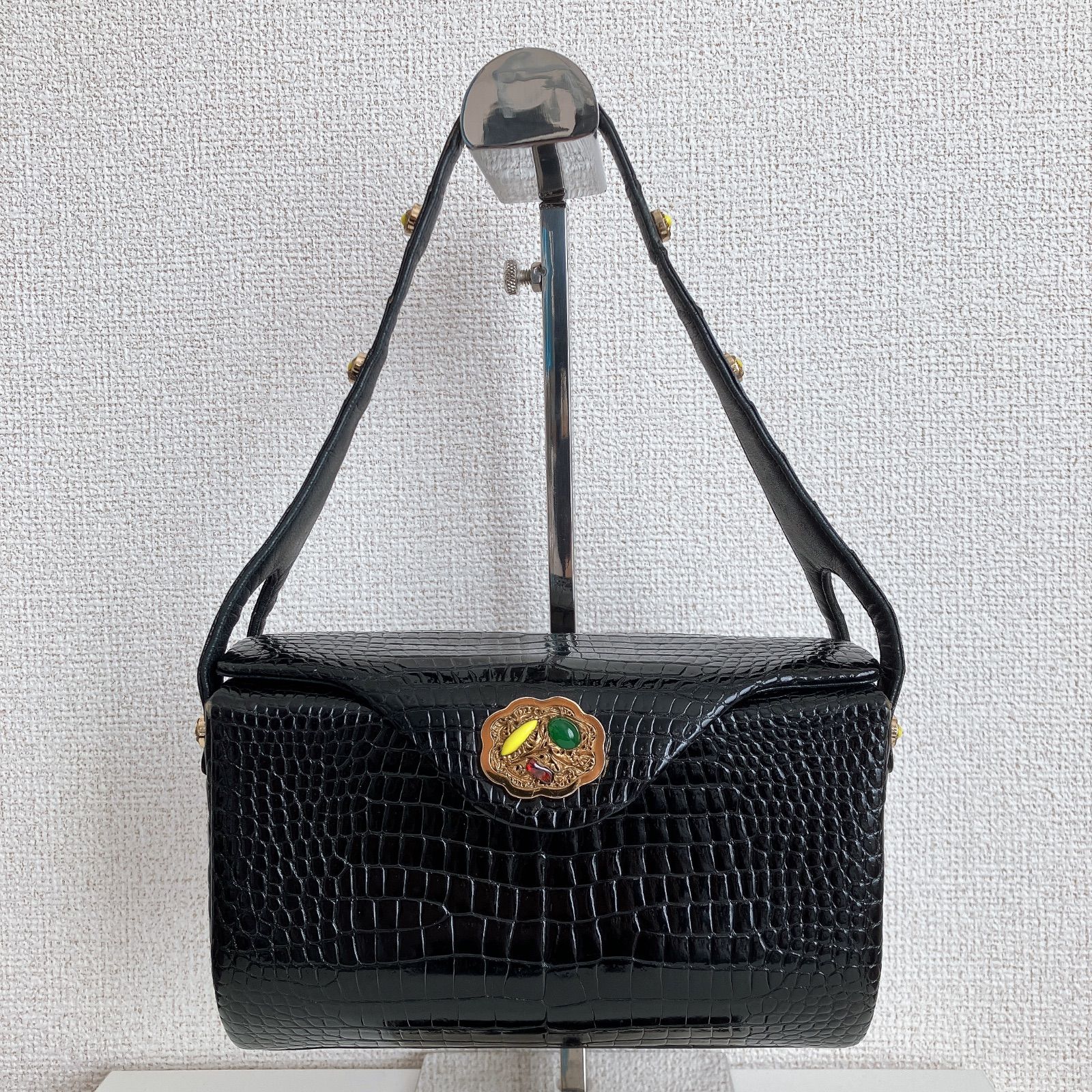 濱野 ハマノ サン・ピエトロ ブラック 黒 クロコダイル型押し バッグ