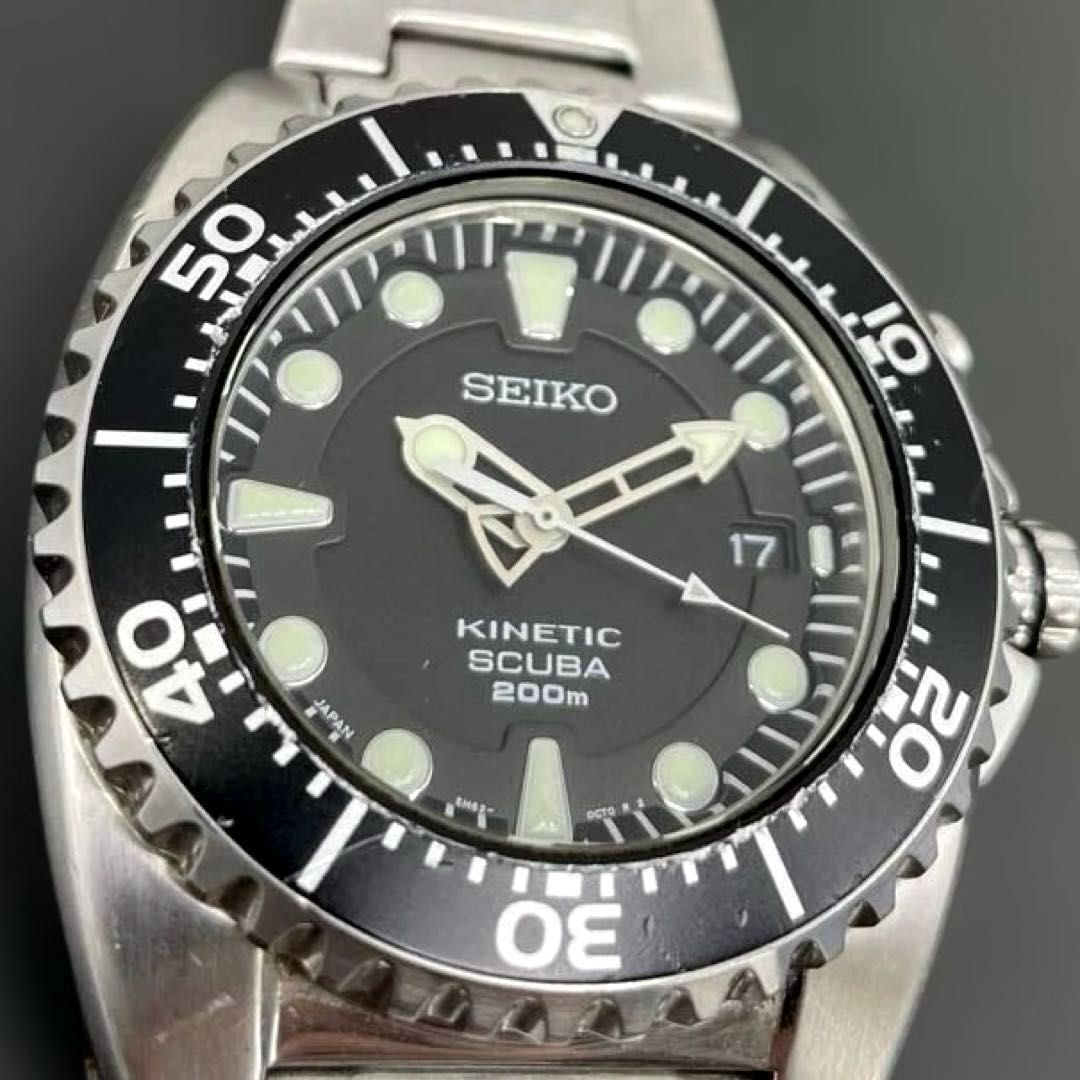 二次電池交換済】SEIKO KINETIC ダイバーズウォッチ 5M62-0BL0 黒文字