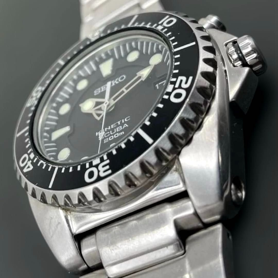 二次電池交換済】SEIKO KINETIC ダイバーズウォッチ 5M62-0BL0 黒文字