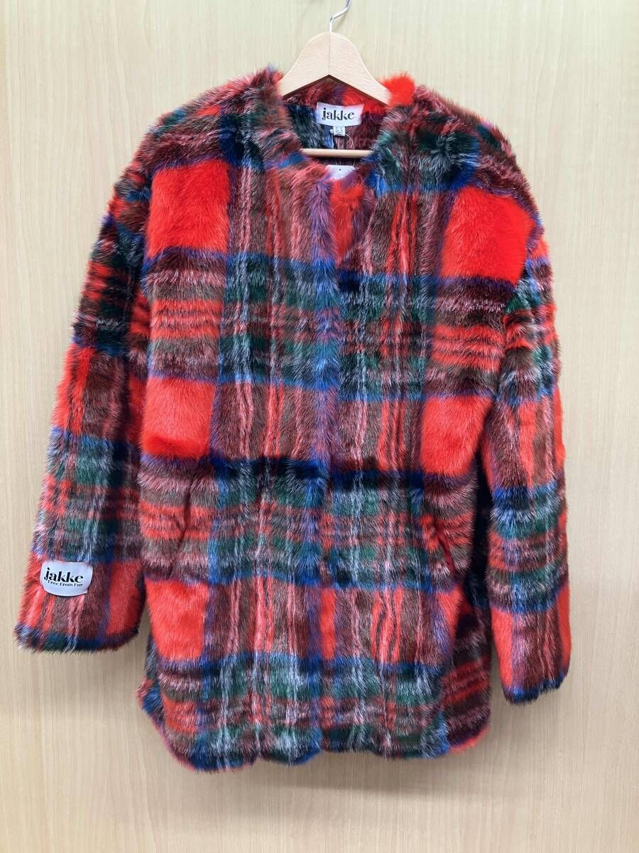 JAKKE ジャッキー エコ ファーコート タータンチェック レッド