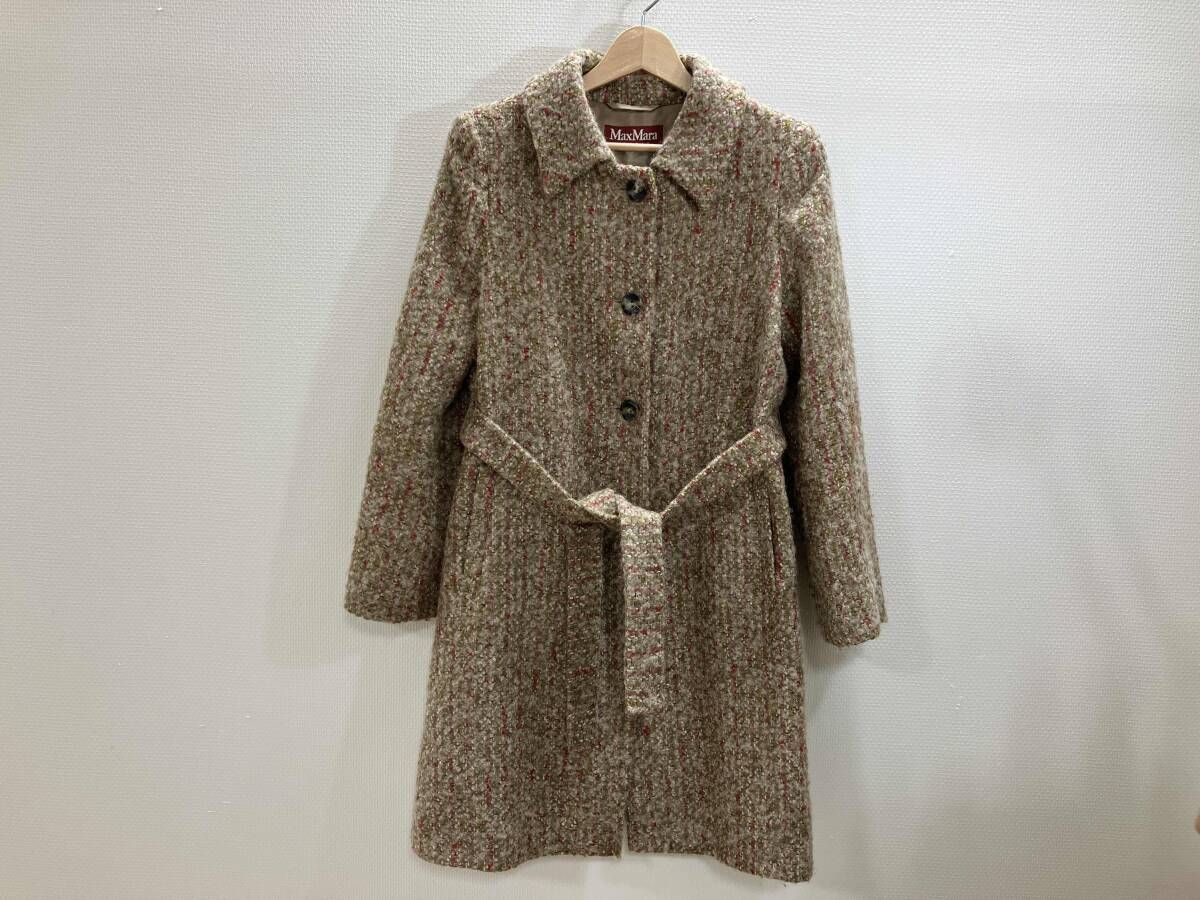 MaxMara ツイードロングコート ベルト付き 美品】マックスマーラ ロングコート 大きいサイズ ベルト付き ツイード
