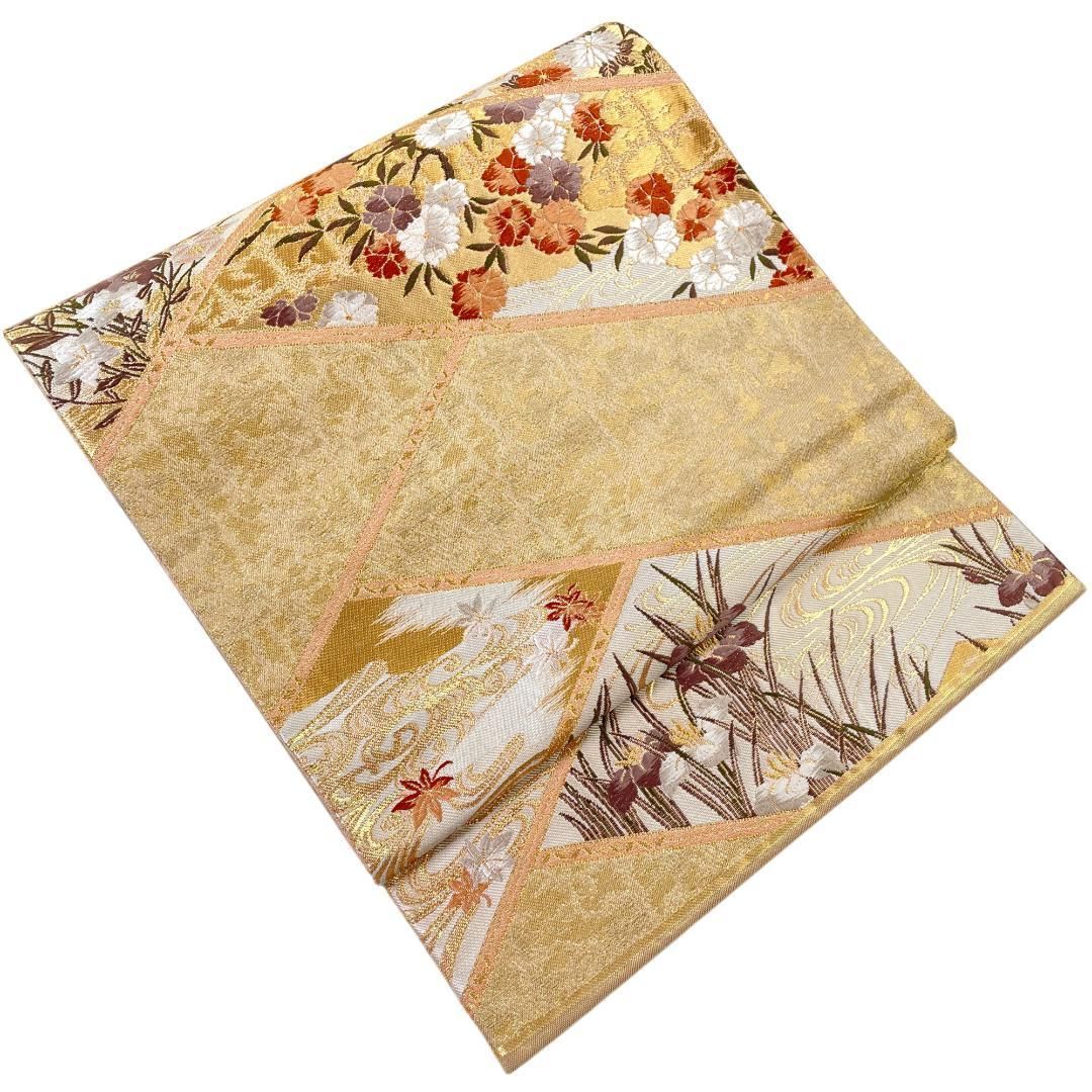 袋帯 西陣織 加納幸織物謹製 正絹 金糸 檜垣に四季草花 渋いゴールド