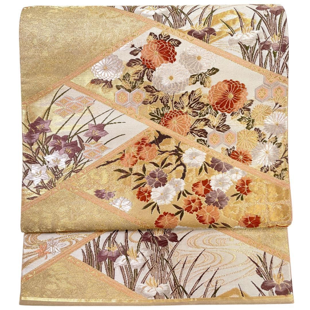 袋帯 西陣織 加納幸織物謹製 正絹 金糸 檜垣に四季草花 渋いゴールド