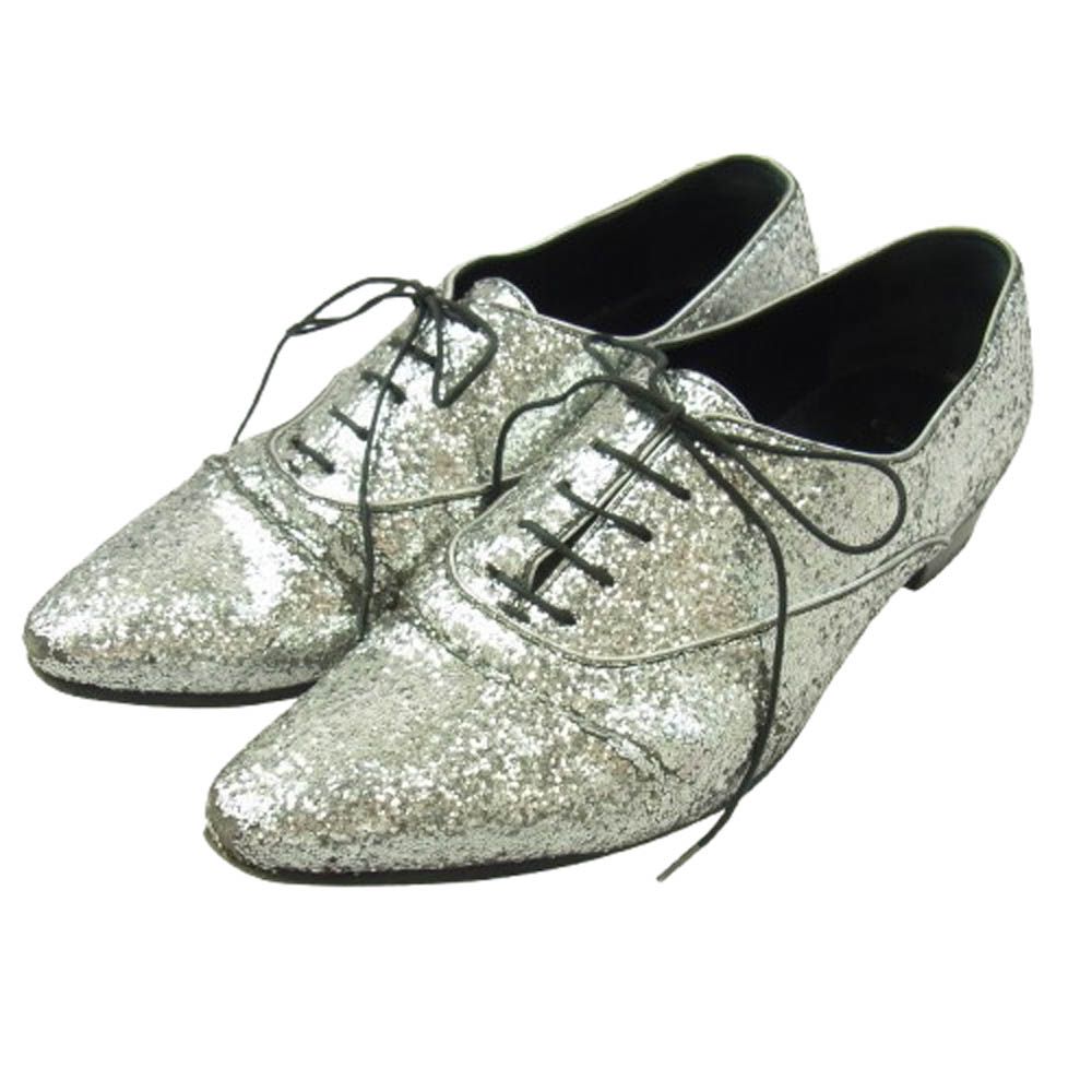 CELINE セリーヌ SA0199 グリッター ラメ ポインテッドトゥ レースアップ ドレス シューズ シルバー系 41.5【】