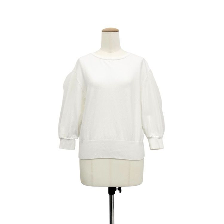 フォクシーホワイト バルーンスリーブ トップス38 FOXEY フォクシー ニットトップ バルーン チュールスリーブ ホワイト