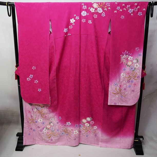 振袖 正絹 着物単品 仕立て上がり 濃ピンク色 古典柄 桜 藤 菊 モダン