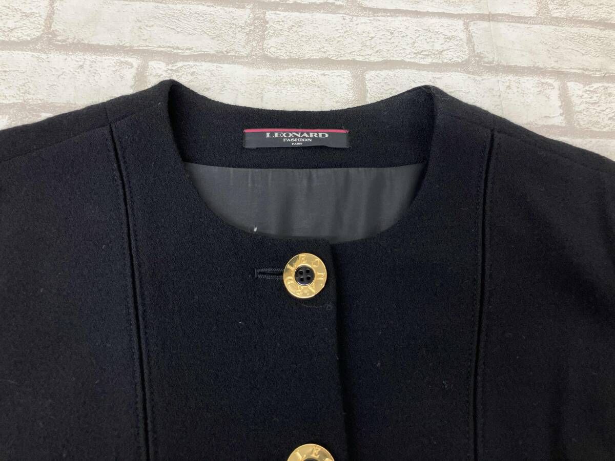 miko様LEONARD レオナール ノーカラージャケット 金ボタン キルティン LEONARD レオナール レディース 11号 ブラック ノーカラージャケット