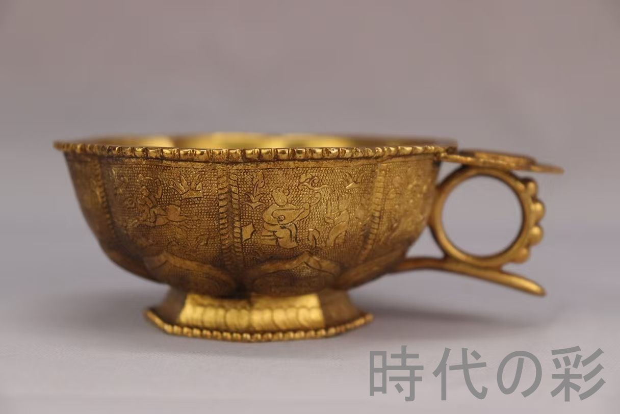 旧蔵 唐代 大唐貞觀款 鍍金銅酒杯 精銅製 小型酒器 文房雅器 骨董品 中国古美術 純手作り 小盃 煎茶道具 古美味