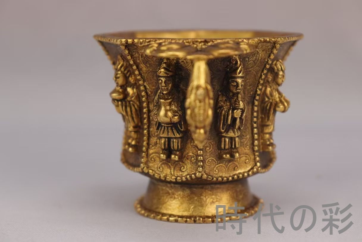 旧蔵 唐代 大唐貞觀款 鍍金銅酒杯』八仙紋 純手作り 精銅製 小型酒器