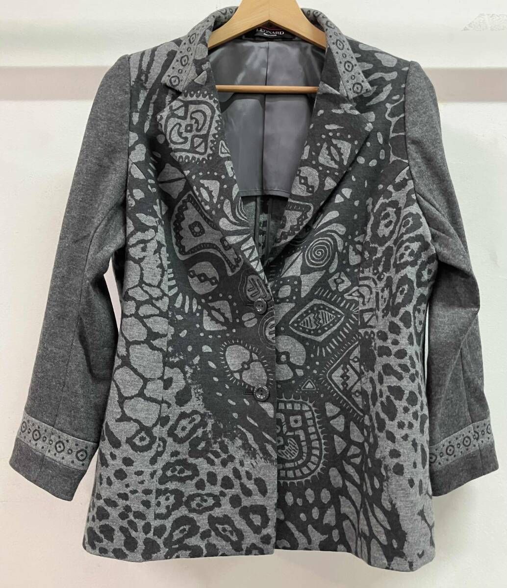 LEONARD レオナール テーラードジャケット ウール 切替 グレー ロゴ
