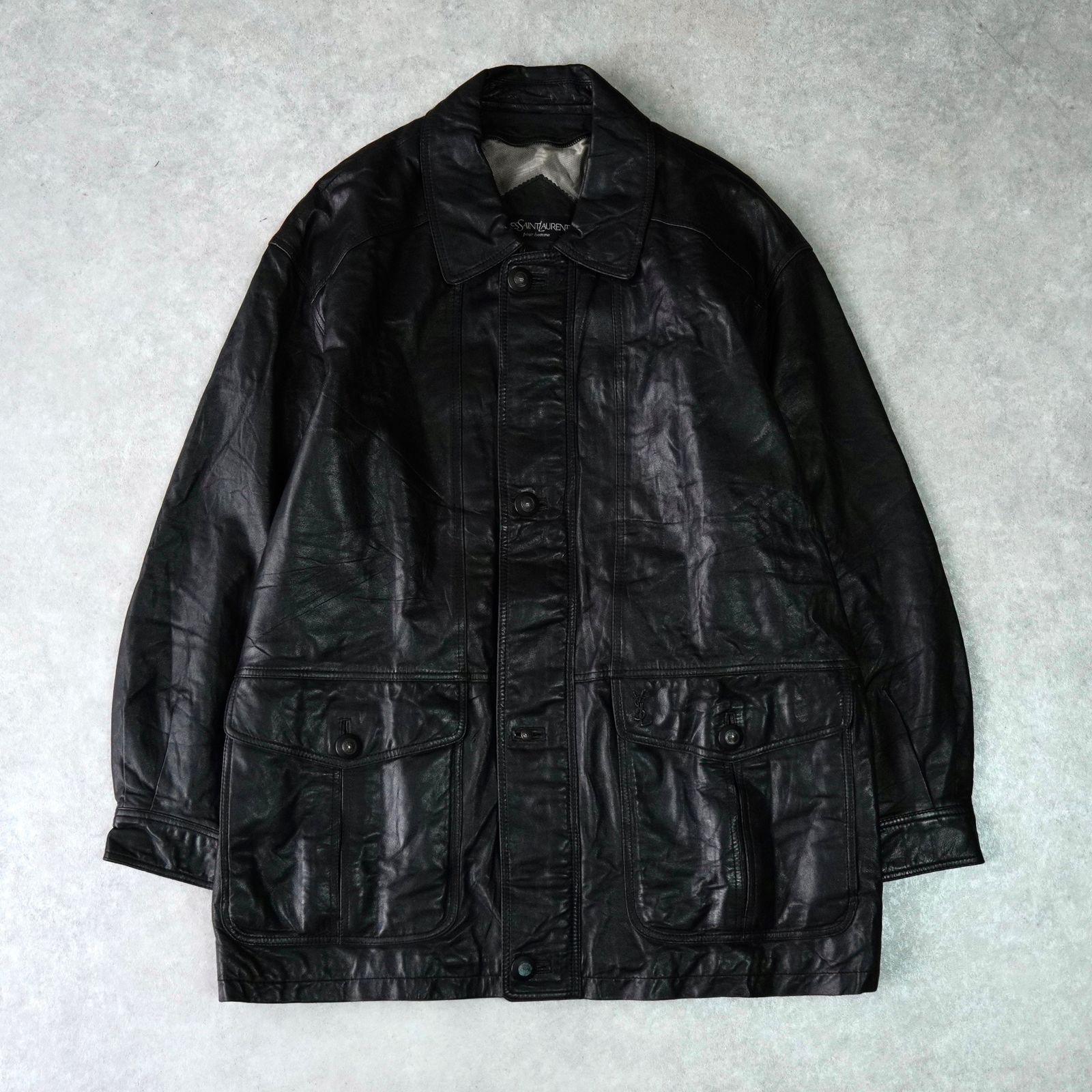 オールレザージャケット　羊革　刺繍ロゴ　エンボス加工　ヴィンテージ BlackFriday限定割引10%オフ】イヴ サンローラン ヴィンテージ