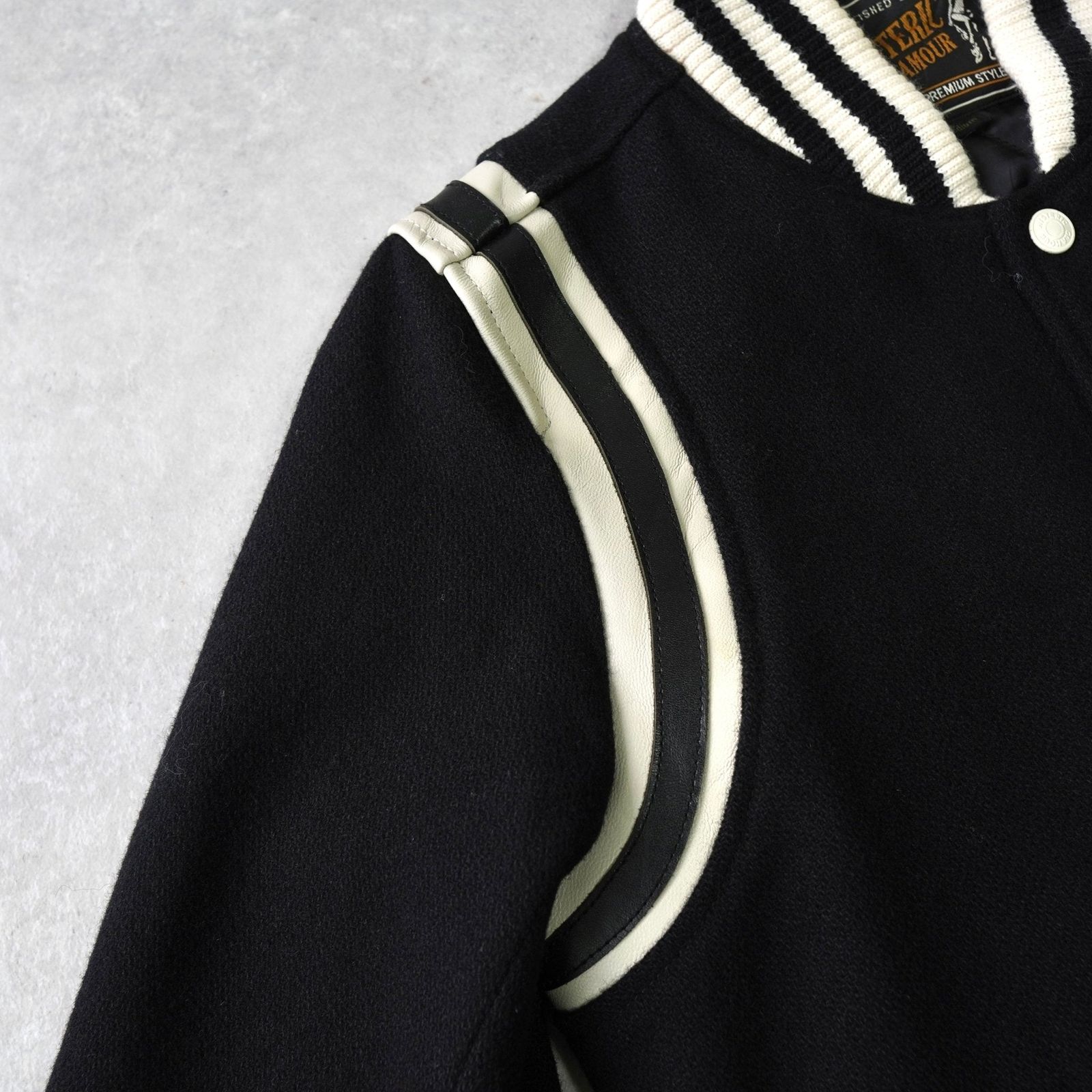  ヒステリックグラマー ガール ワッペン レザー切り替え ウール スタジャン ブラック スタジャン ジャケット アウター