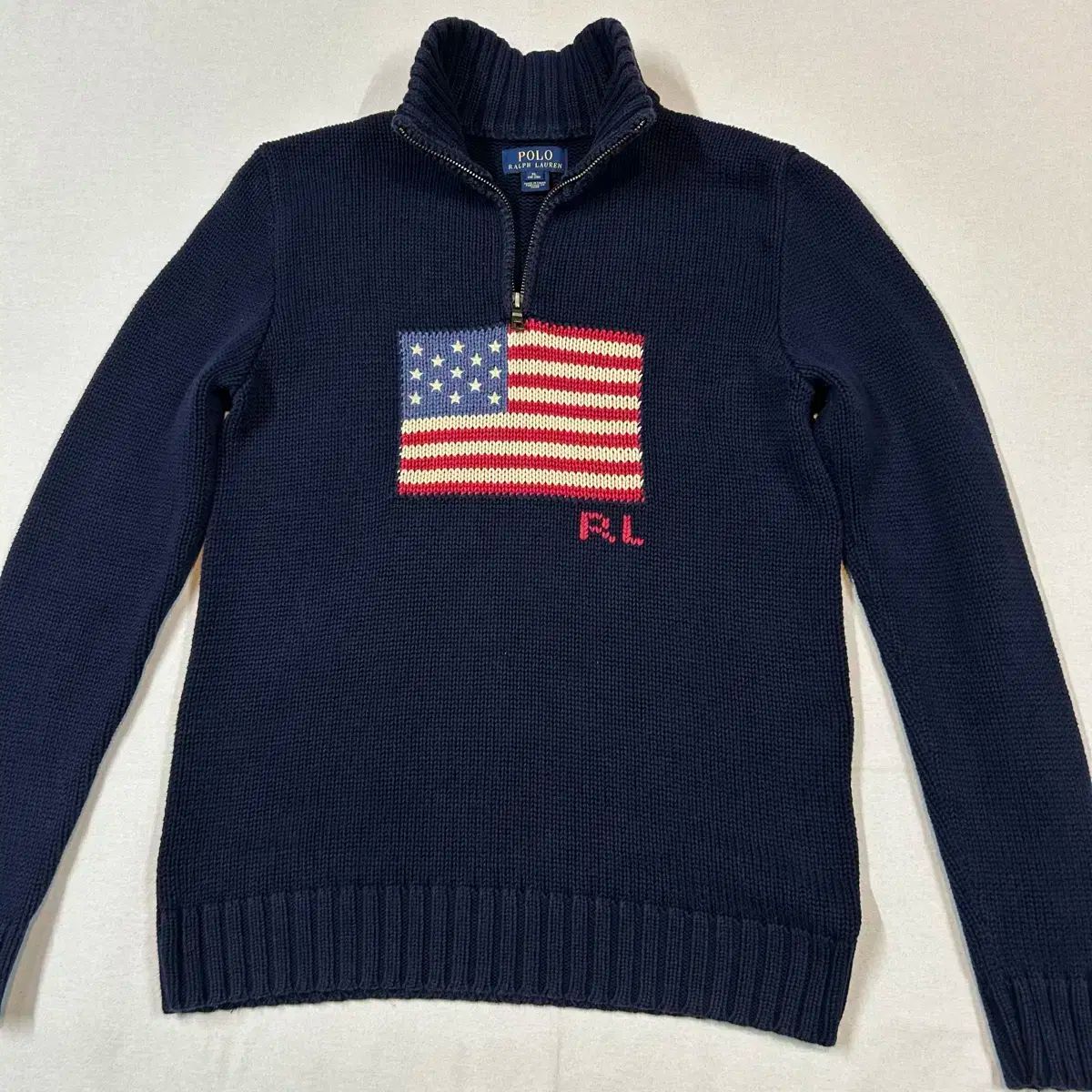 ラルフローレン　正規品　ニット　ハーフジップ　ネイビー　星条旗　美品 ポロ ラルフローレン ネイビー 星条旗 ハーフジップ セーター ニット