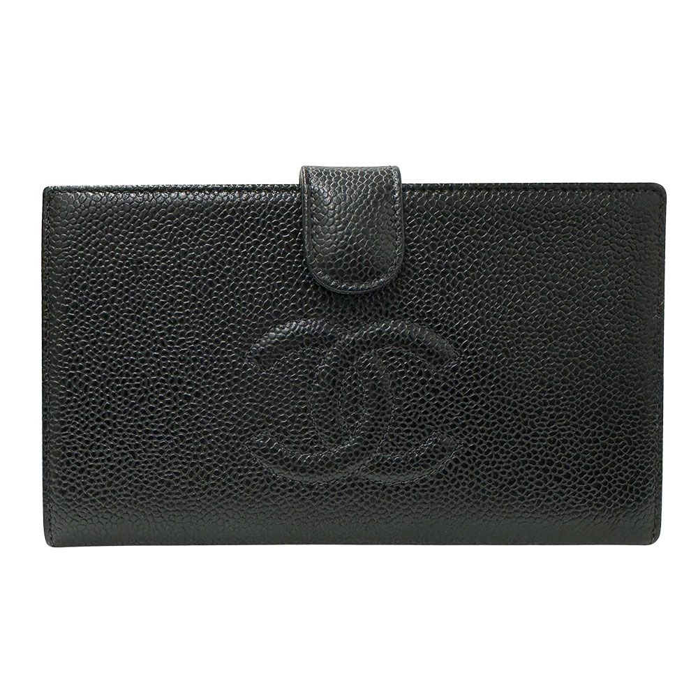 ■592 CHANEL シャネル キャビアスキン かまぐち長財布 黒 ココマーク シャネル CHANEL 財布 ココマーク レディース ブランド 長財布