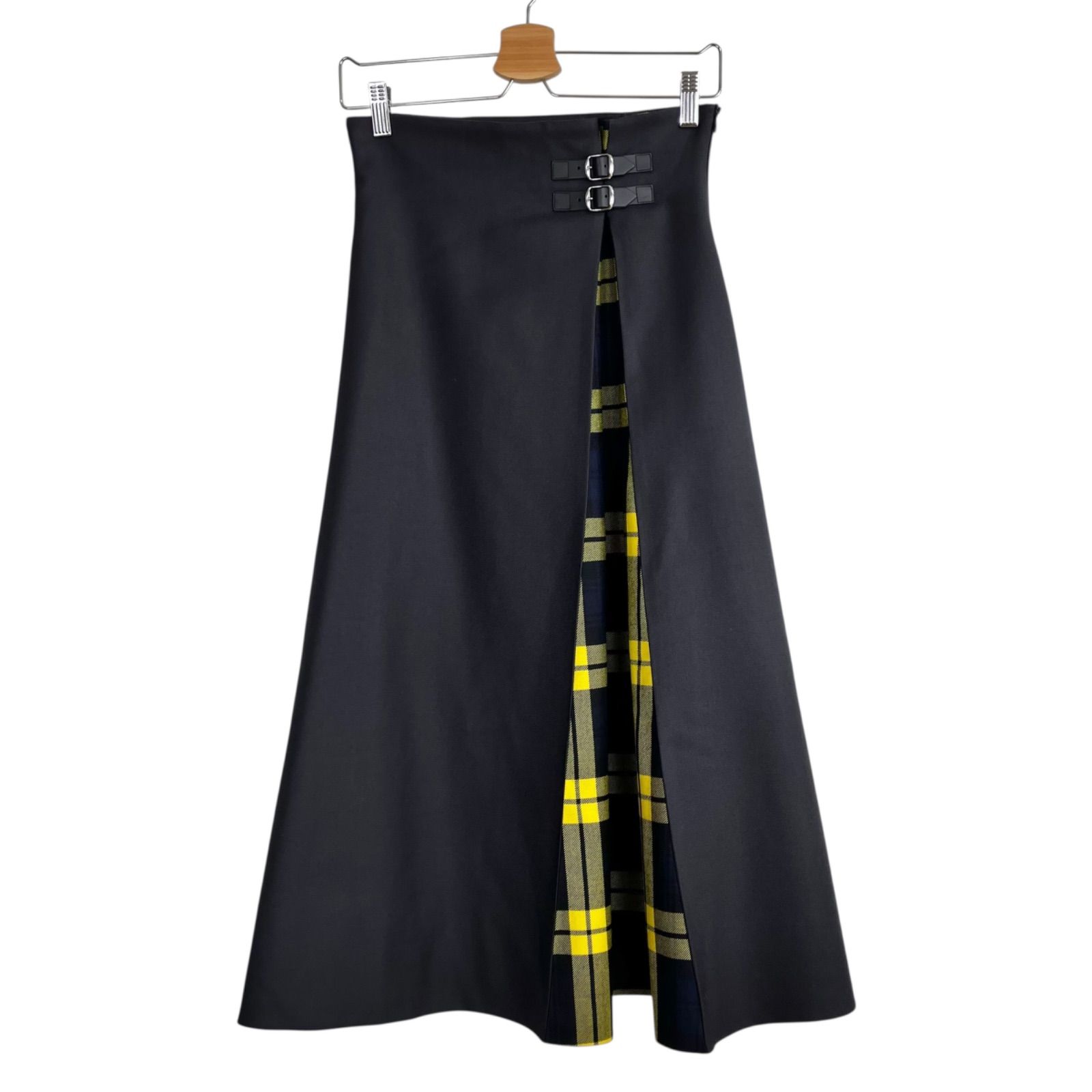 O’NEIL of DUBLIN コンビネーションＡラインバックルスカート ウーステッドウール パッチワーク フ ロングスカート GB 10 US 8 グレー イエローチェック 黄 オニールオブダブリン ユナイテッドアローズ 1624 343 3406