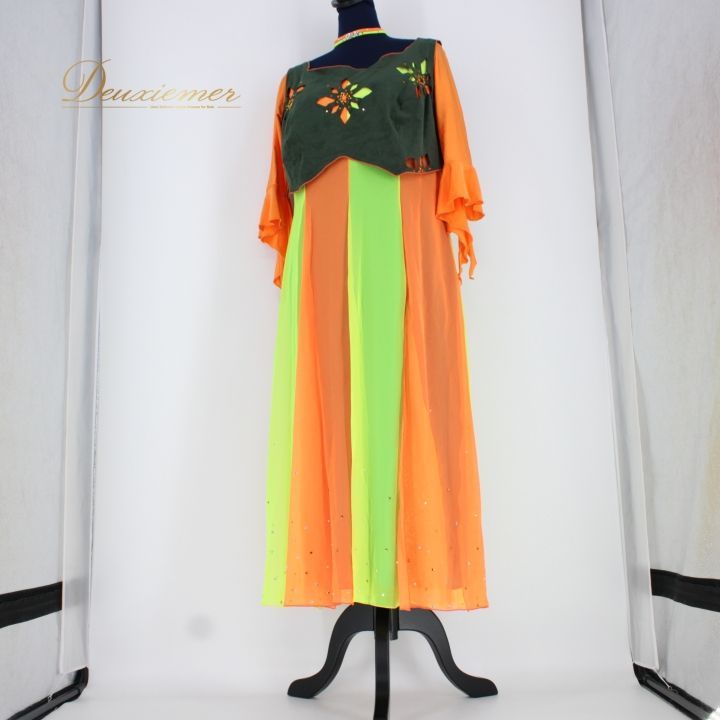 新品★ダンスドレス★スタンダード★社交ダンス★競技会★パーティー★黄緑&オレンジ 社交ダンスドレス】⭐️【商品番号AIー 240516】スタンダードドレス