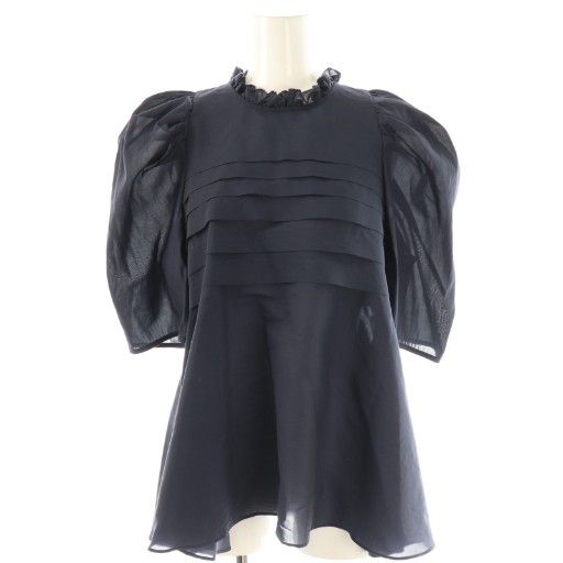 【中古】デザインワークス ×翁安芸 オーガンジーフロントプリーツブラウス パフスリーブ シアー 38 ネイビー デザインワークス DESIGNWORKS ×翁安芸 オーガンジーフロントプリーツ