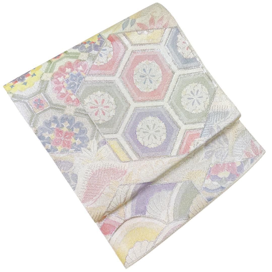 袋帯 七彩佐賀錦 正絹 銀糸 亀甲 古典柄 シルバー 振袖 成人式