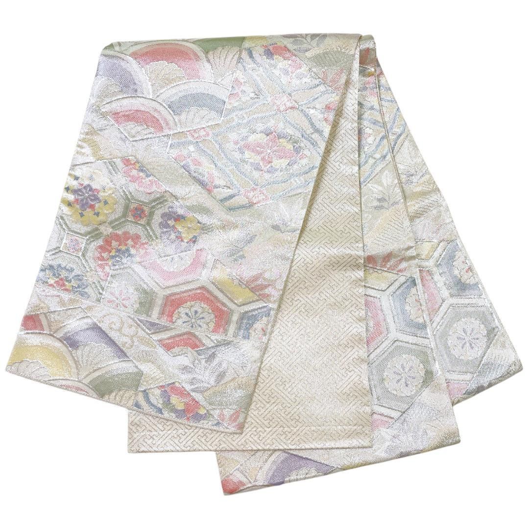 袋帯 七彩佐賀錦 正絹 銀糸 亀甲 古典柄 シルバー 振袖 成人式