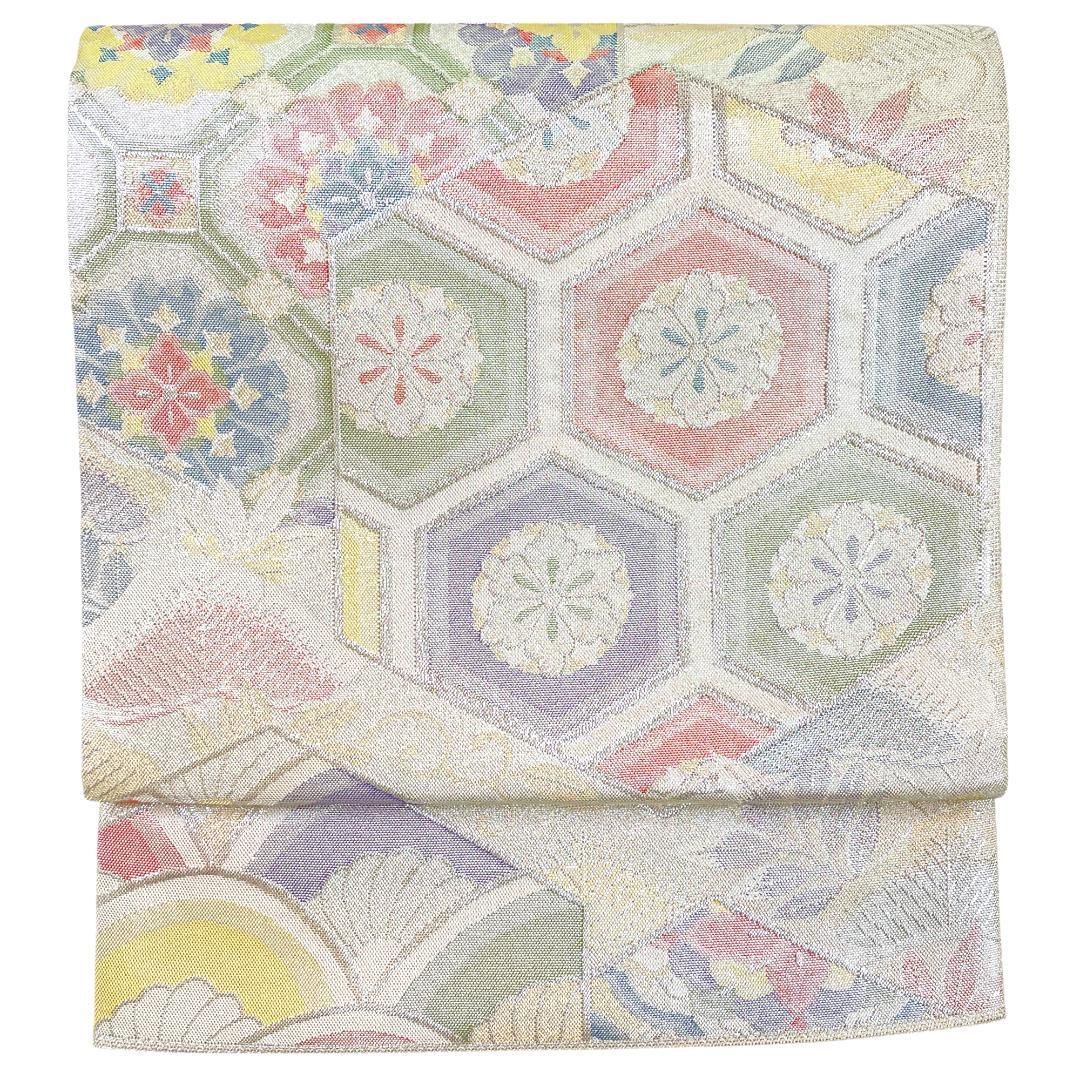 袋帯 七彩佐賀錦 正絹 銀糸 亀甲 古典柄 シルバー 振袖 成人式