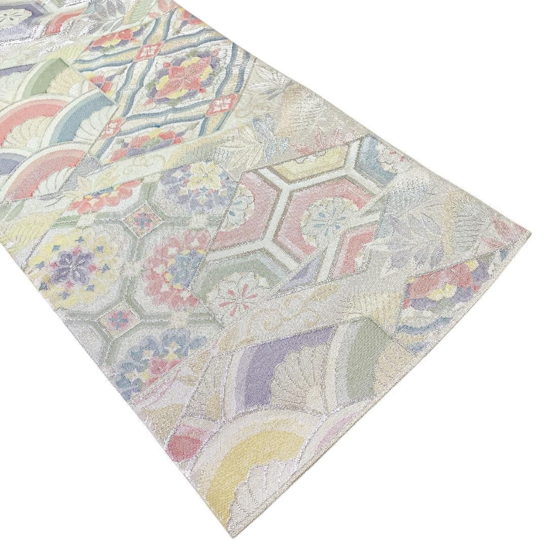 袋帯 七彩佐賀錦 正絹 銀糸 亀甲 古典柄 シルバー 振袖 成人式