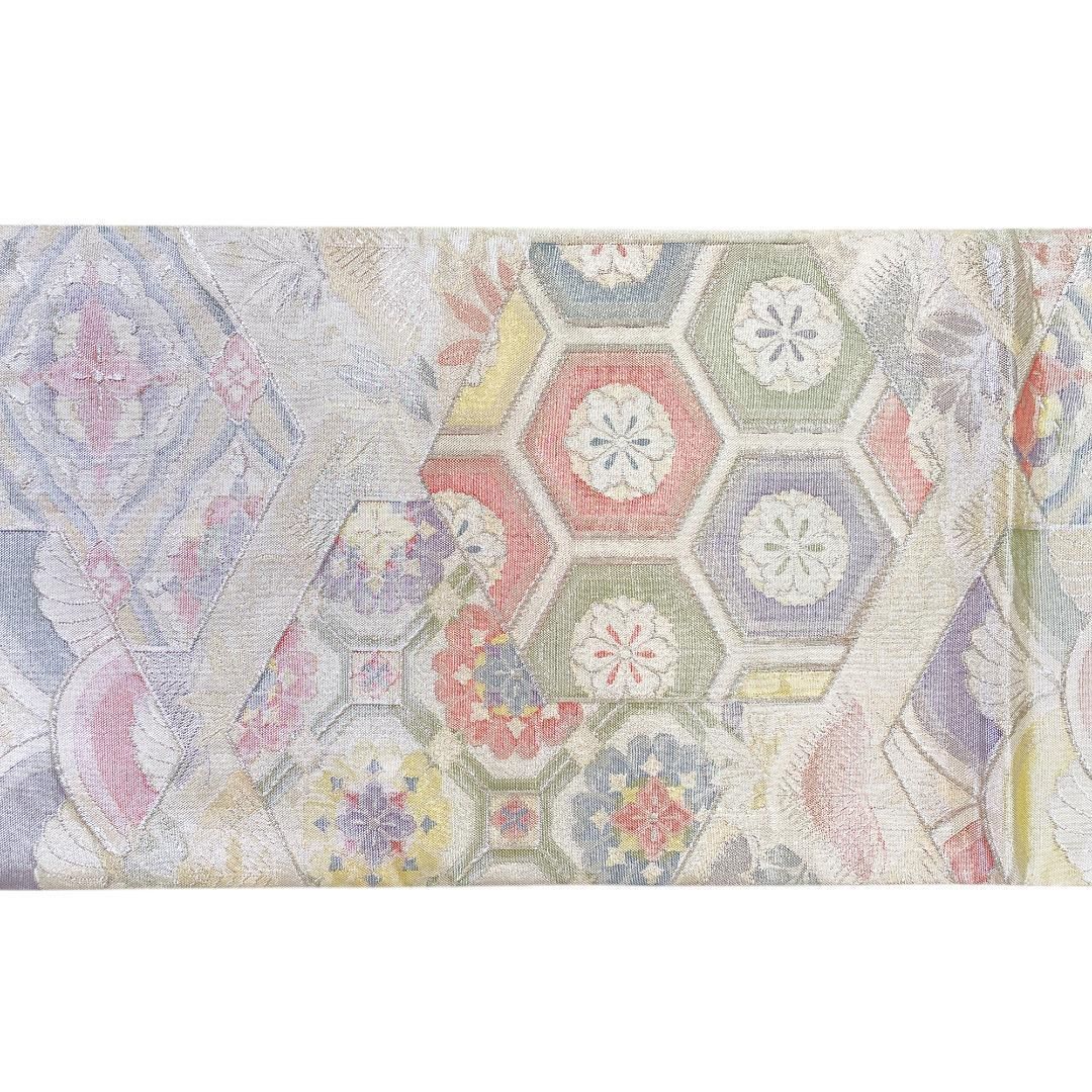 袋帯 七彩佐賀錦 正絹 銀糸 亀甲 古典柄 シルバー 振袖 成人式