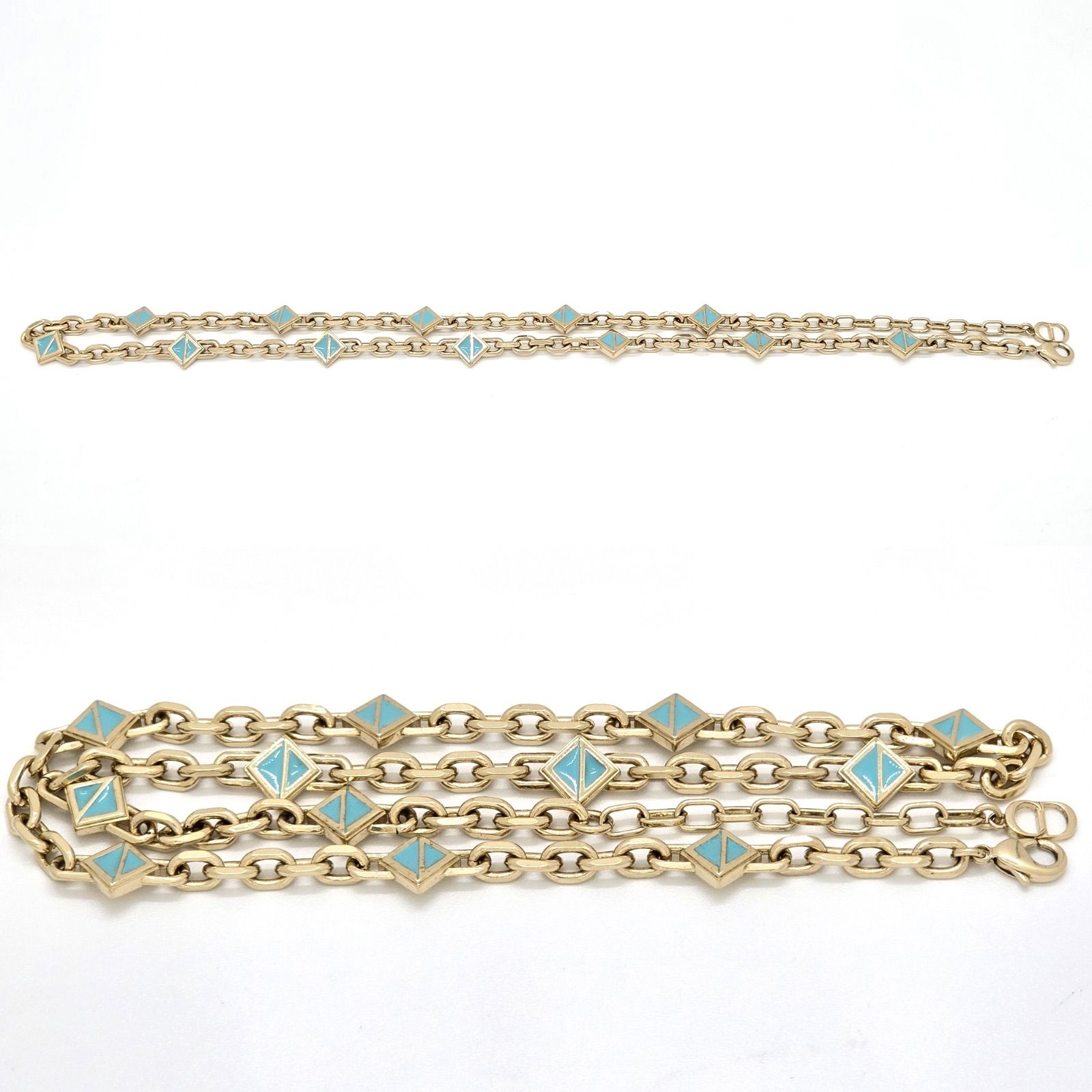 ディオール　ロングネックレス　ターコイズ　ブルー　ゴールド　ヴィンテージ DIOR ディオール CD ダイヤモンド チェーンリンク ネックレス