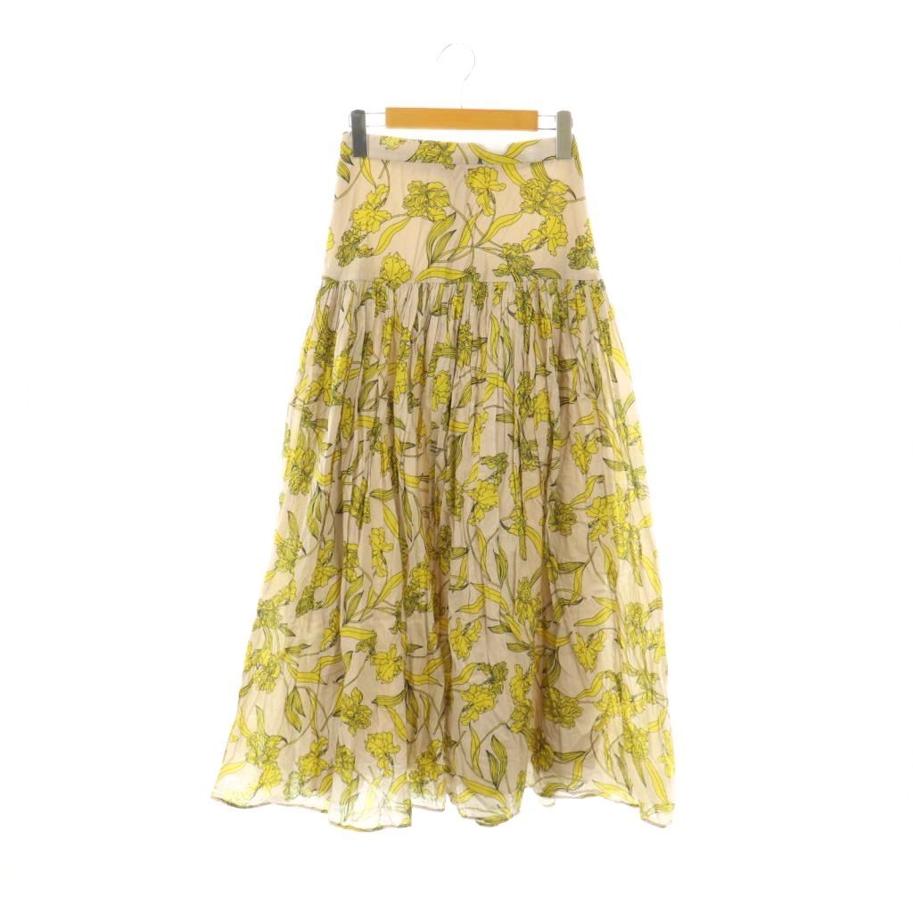 【中古】マリハ 花の香りボタニカルプリントスカート ロング フレア 36 モカ イエロー ブラック /DO ■OS マリハ MARIHA 花の香りボタニカルプリントスカート ロング フレア 36