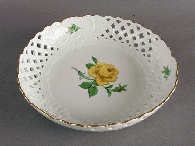Meissen マイセン 透かし金彩 黄色いバラ プレート 飾り皿 直径約21cm