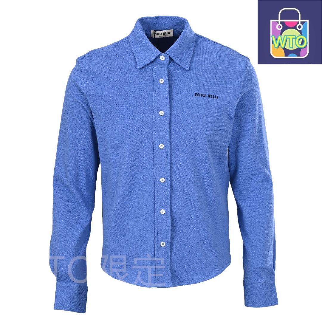 Miu Miu ミュウミュウ　ブルー ロゴ　長袖Tシャツ 今日特価】Miu Miu ミュウミュウ 青色小ロゴコットンピケロング