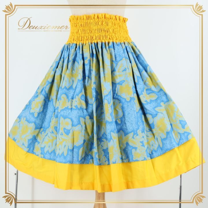 ふじ☆切り替えパウスカート☆フラダンス☆ハワイアン☆イエロー☆2点 フラダンス 衣装 パウスカート ブルー系 ハイビスカス柄 ハワイアン