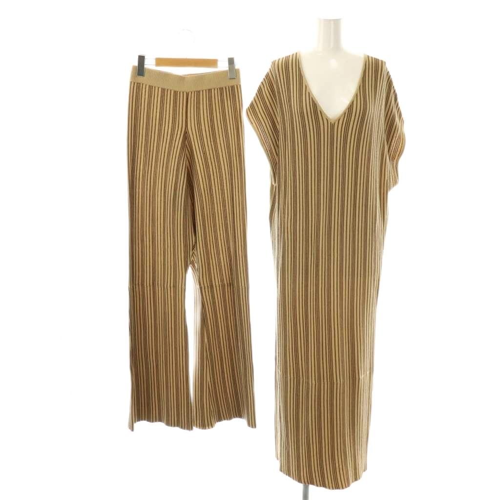 【中古】クラネ CLANE ランダムストライプニットワンピース ロング パンツセット 2 ベージュ /HK ■OS レディース クラネ CLANE ランダムストライプニットワンピース ロング パンツ