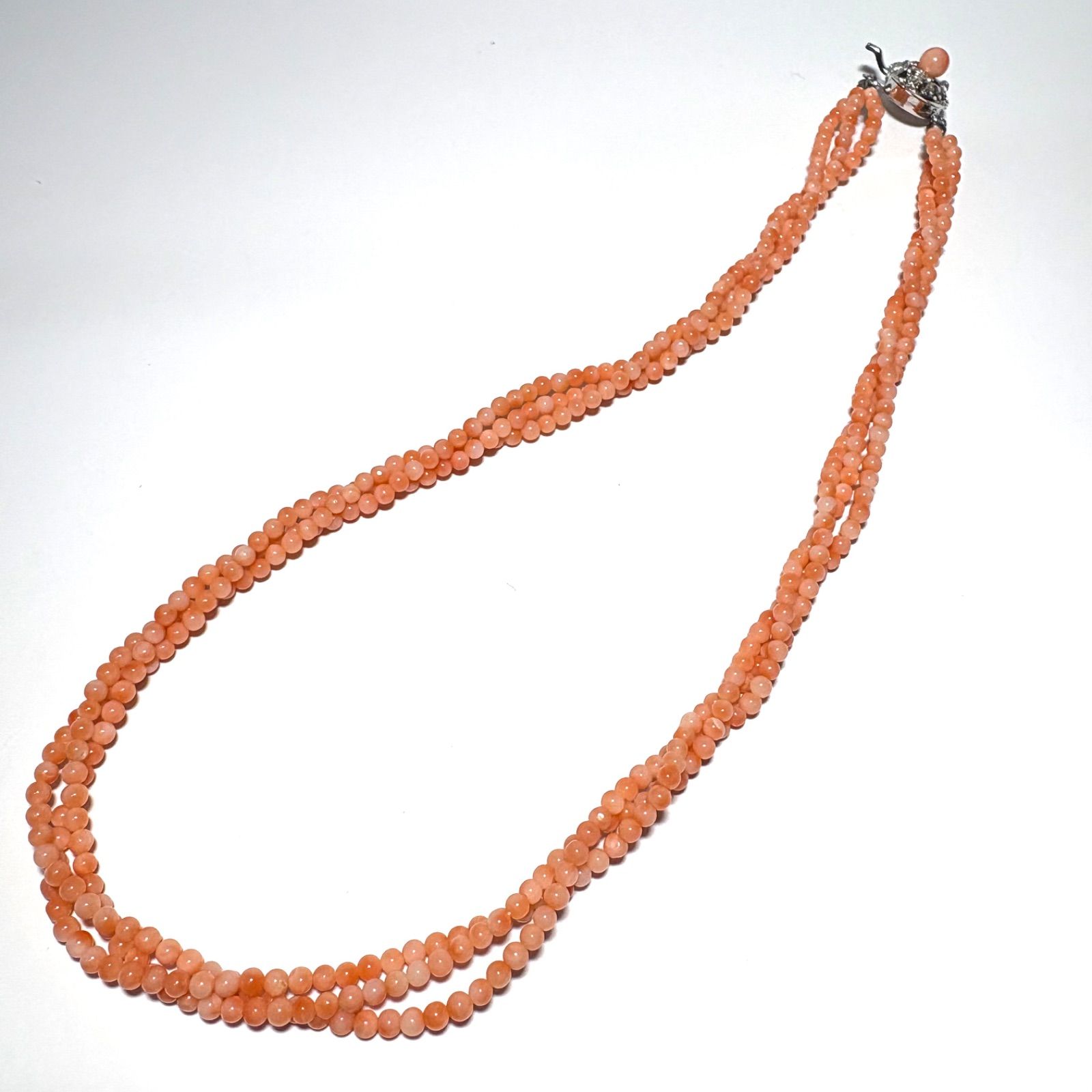 希少3mm珠】天然桃珊瑚ミニマル3連ネックレス 44cm シルバー金具
