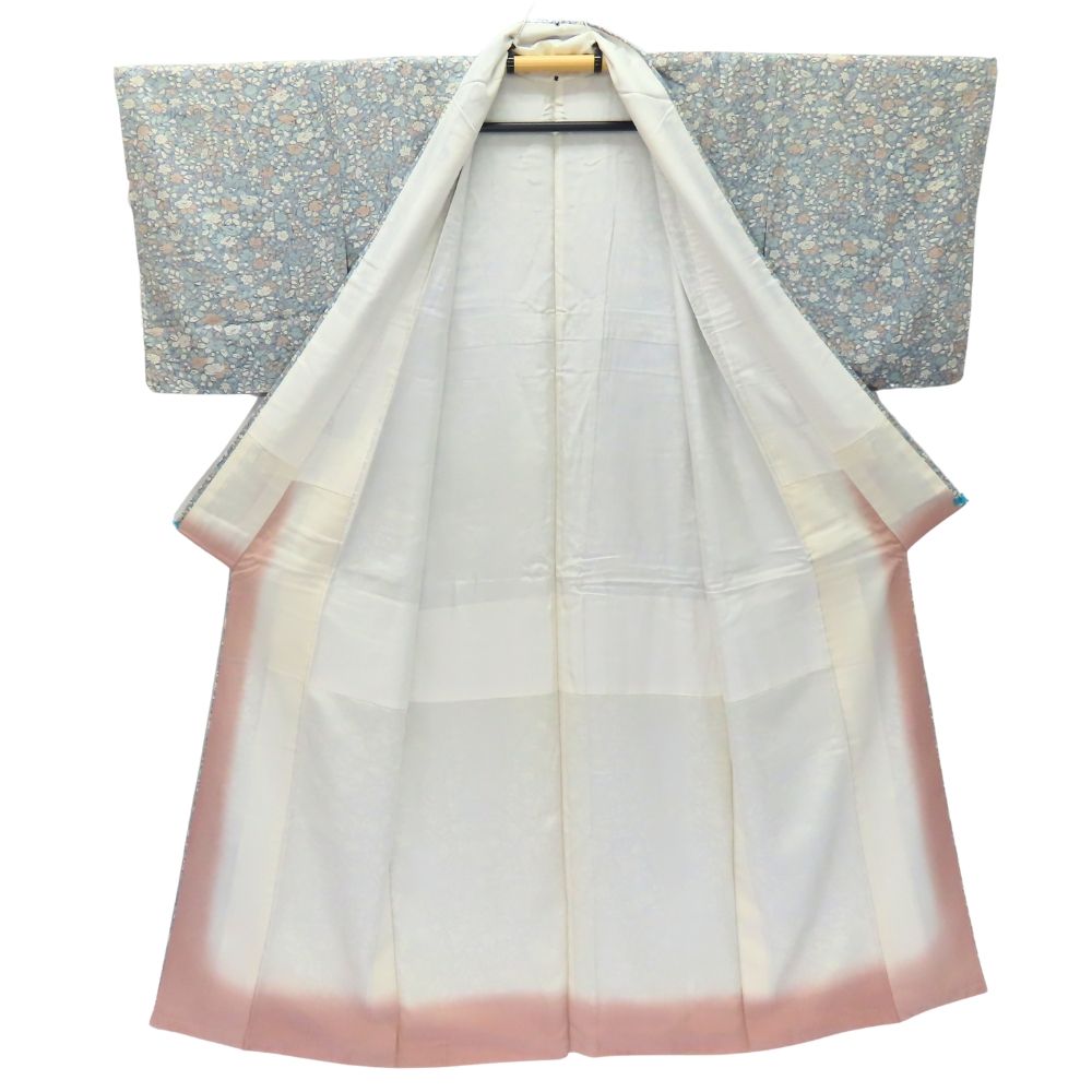 【中古】 小紋 高級ちりめん しつけ糸あり 正絹 グレー系 くすみブルー くすみピンク ホワイト 但馬縮緬 草花柄 和装 呉服 和服 きもの レディース 女性 中古】 小紋 高級ちりめん しつけ糸あり 正絹 グレー系 くすみブルー
