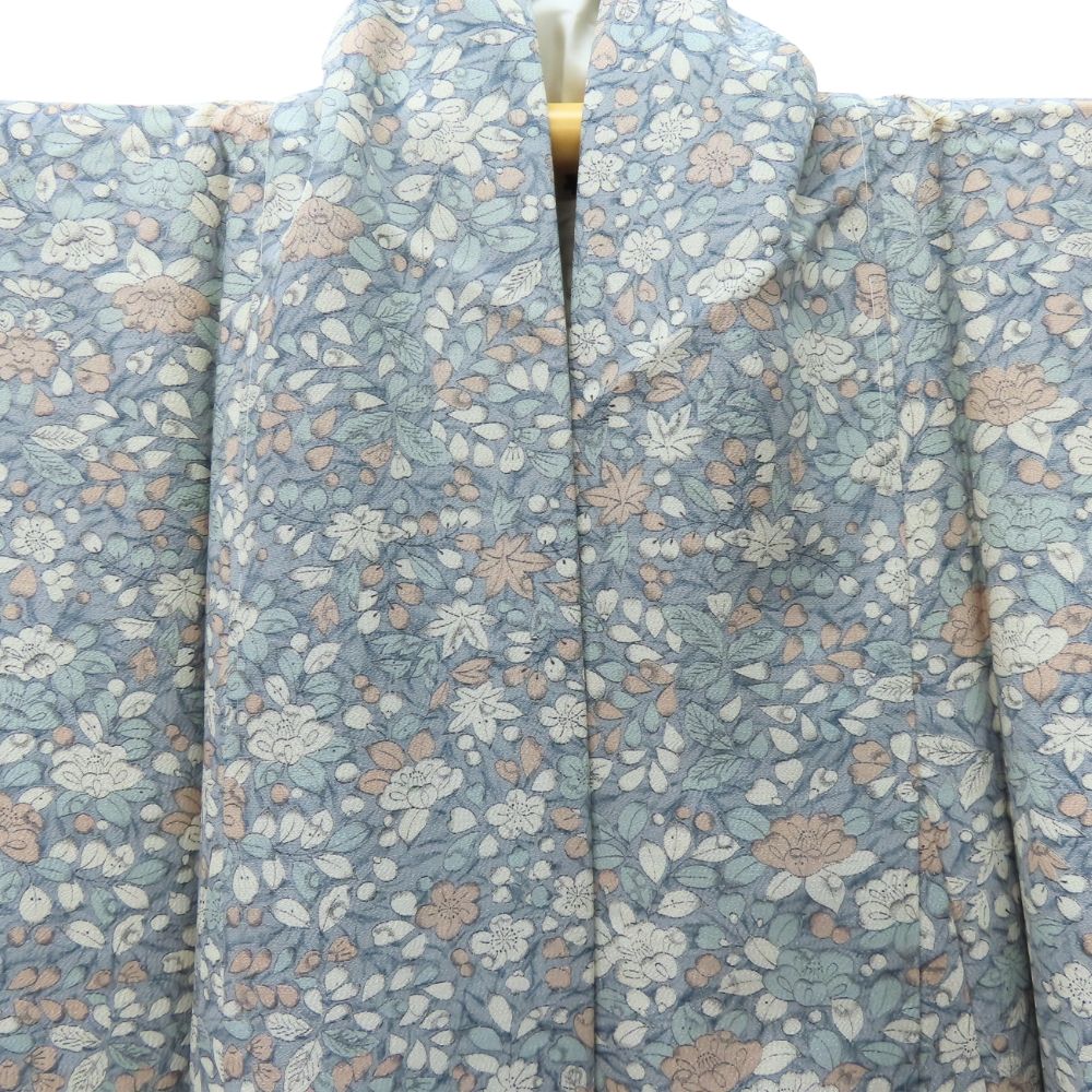 中古】 小紋 高級ちりめん しつけ糸あり 正絹 グレー系 くすみブルー