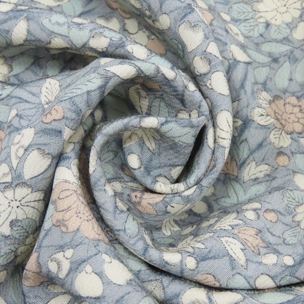 中古 小紋 高級ちりめん しつけ糸あり 正絹 グレー系 くすみブルー くすみピンク ホワイト 但馬縮緬 草花柄 和装 呉服 和服 きもの レディース 女性 小紋 高級ちりめん しつけ糸あり 正絹 グレー系 くすみブルー くすみ