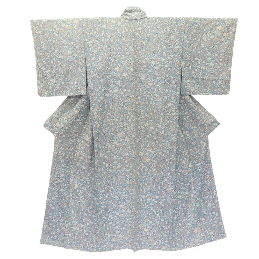 中古 小紋 高級ちりめん しつけ糸あり 正絹 グレー系 くすみブルー くすみピンク ホワイト 但馬縮緬 草花柄 和装 呉服 和服 きもの レディース 女性 小紋 高級ちりめん しつけ糸あり 正絹 グレー系 くすみブルー くすみ