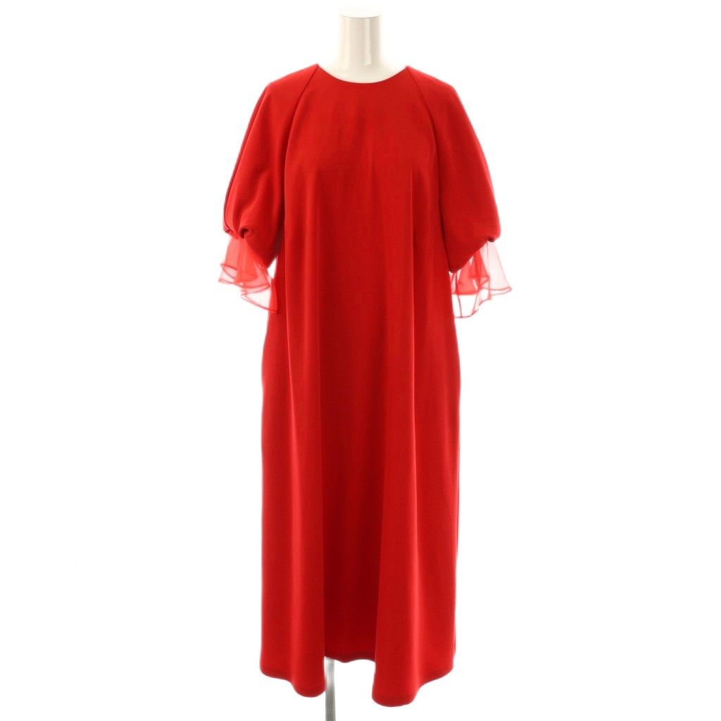 土日セール美品ADOREアドーア 24SS シアーラッフルカフスワンピース38赤 アドーア ADORE 24SS シアーラッフルカフワンピース 五分袖 ロング 38