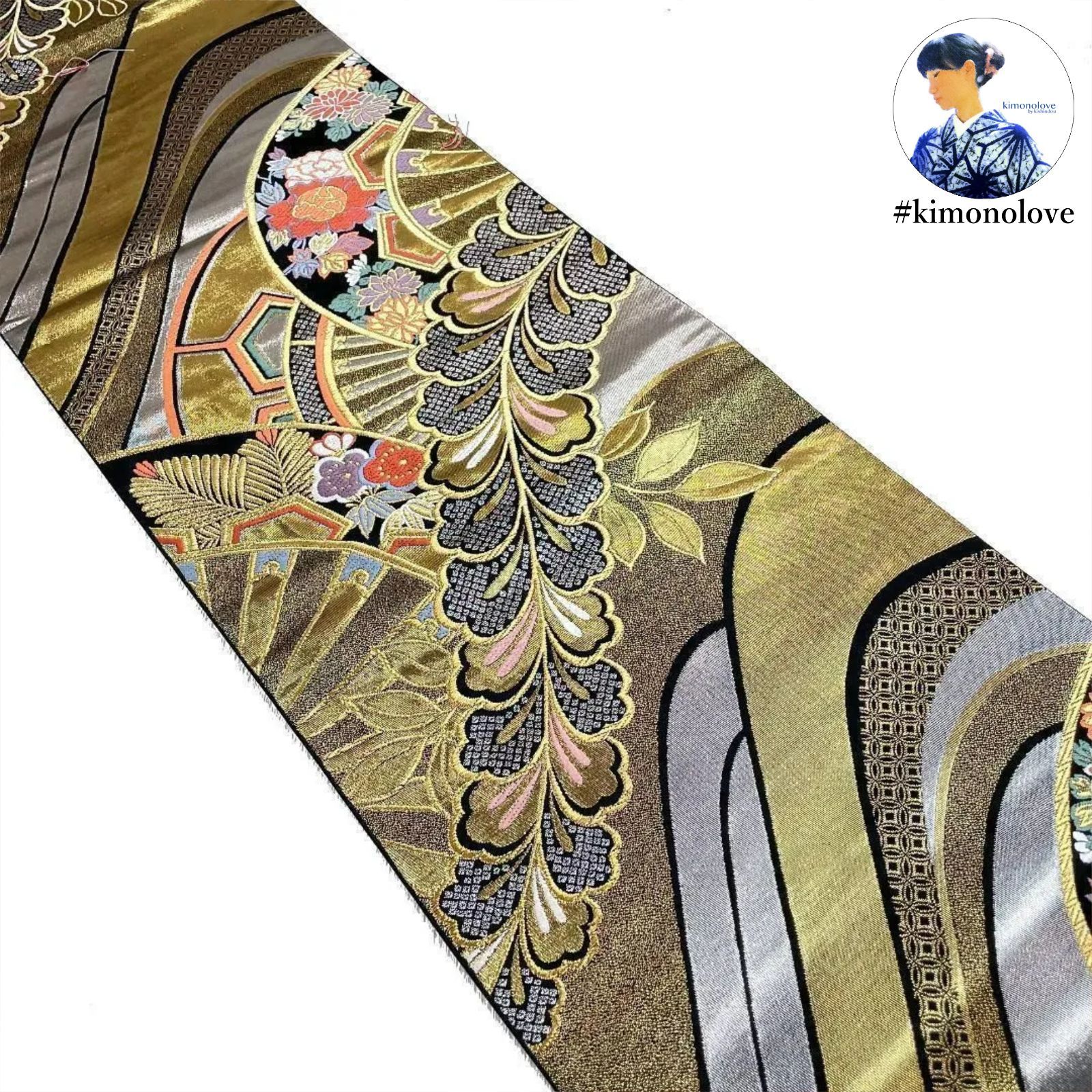 袋帯 正絹 金銀糸 独鈷藤 源氏車 ブラック ゴールド 振袖 成人式
