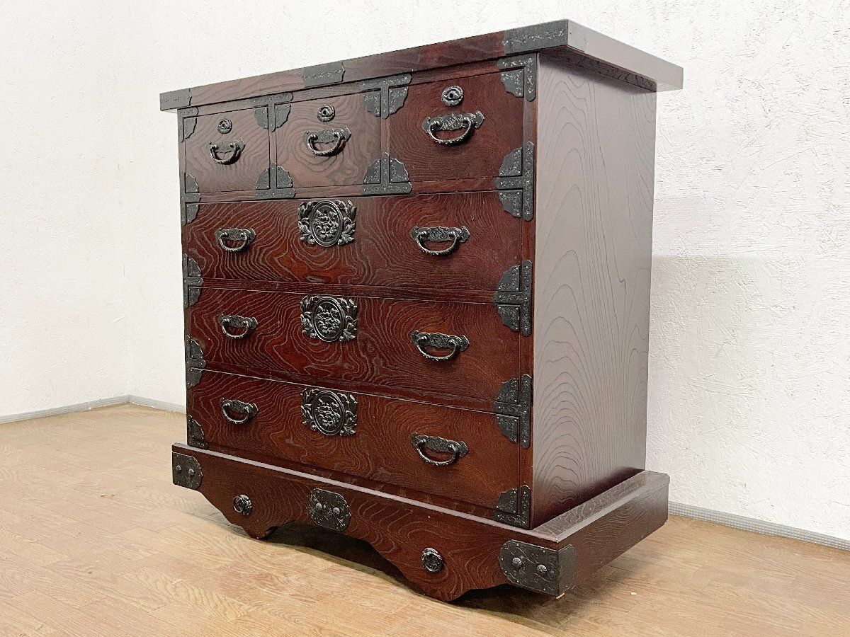 ◇筑後民芸 欅 ケヤキ 車箪笥 時代箪笥 和家具 仙台箪笥調 丸牡丹金具